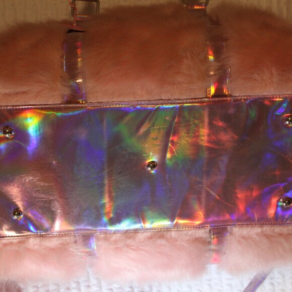 SOLD-Dolls Kill Cotton Candy Pink Fuzzy Faux Fur Holographic Weekender Bag - Picture 9 of 12